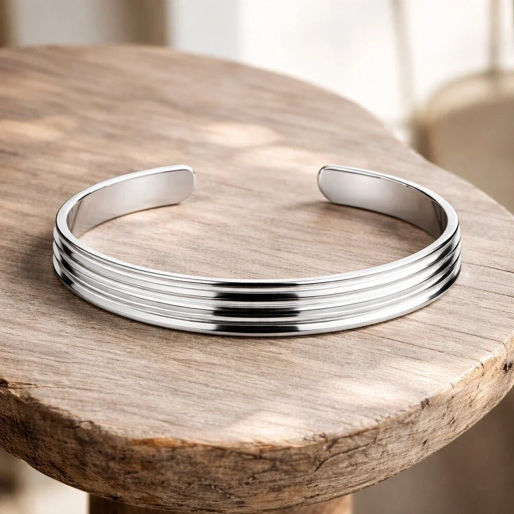 Shiny Sterling Silver Pinstripe Open Cuff Bangle Handmade 10x2mm Wide
